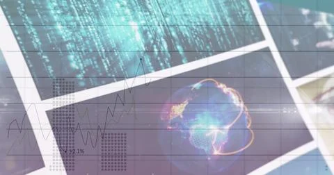 Image of charts and data processing over various clips playing on composite Stock Photos
