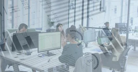 Image of charts and data processing on diverse colleagues using computers a.. Foto stock