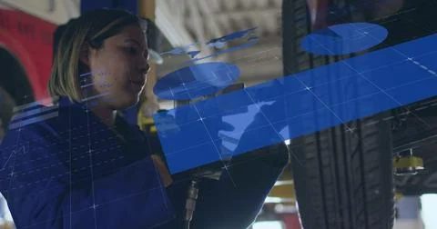 Image of charts and data processing over biracial female mechanic working on car Stockfoto's