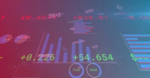 Image of charts and financial data processing on dark background Stock Photos