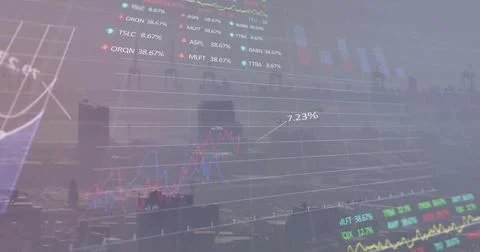 Image of charts and graphs processing data over misty cityscape 写真素材