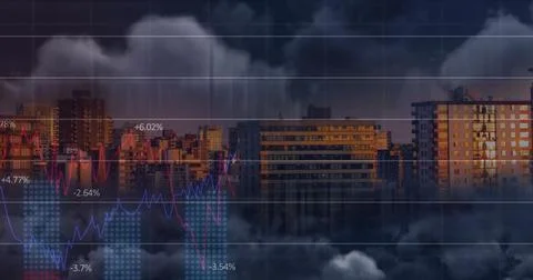 Image of charts and graphs processing data over clouds and cityscape 写真素材