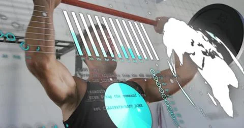 Image of charts and processing data over caucasian man lifting weights at gym Stock Photos