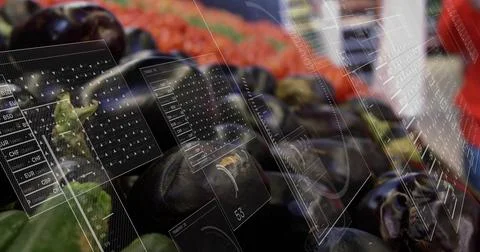 Image of charts and processing data over biracial woman selecting vegetable in 写真素材
