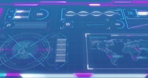 Image of charts on interface processing data on blue background Stock Photos