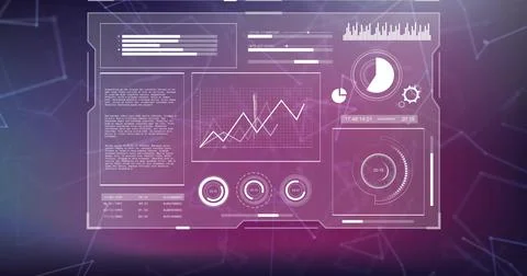 Image of charts processing data on interface screens over networks on dark 스톡 일러스트