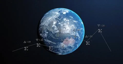 Image of charts processing data over globe on black background 스톡 일러스트