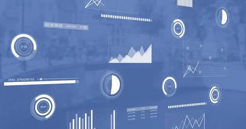 Image of charts processing data over blue cityscape 스톡 일러스트