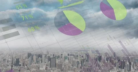Image of charts processing data over modern cityscape Foto stock