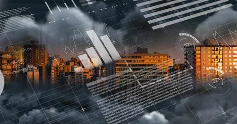 Image of charts processing data over cloudy sky and sunset cityscape Foto stock