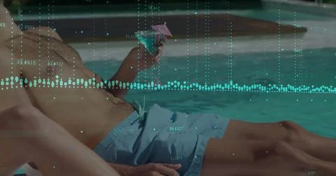Image of charts processing data over caucasian man with cocktail by sunny Foto stock