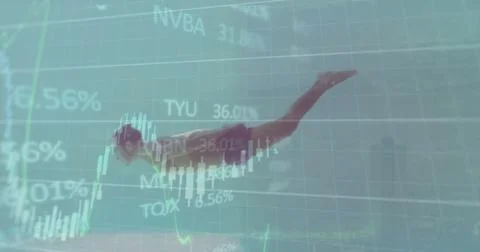 Image of charts processing data over caucasian man swimming in sunny swimming Foto stock