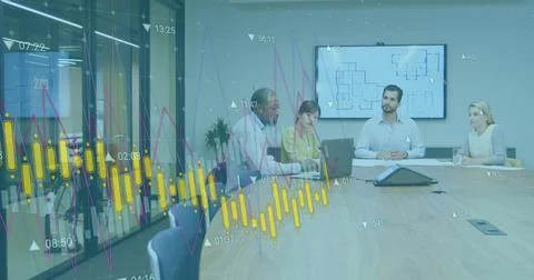 Image of charts processing data over diverse colleagues having meeting 写真素材