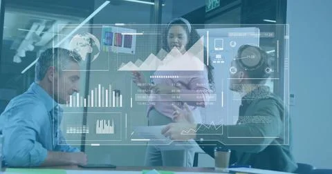 Image of charts processing data over diverse colleagues at office meeting 写真素材