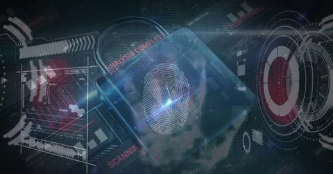 Image of charts, processor and inline security padlock on dark background 스톡 일러스트