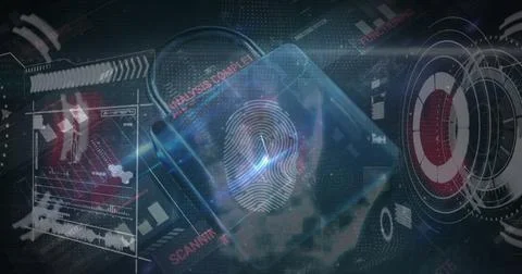 Image of charts, processor and online security padlock on dark background 스톡 사진