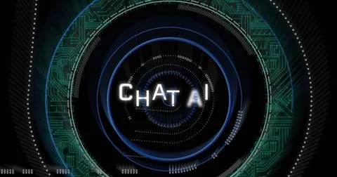 Image of chat ai text over circuit board pattern in loading circles over black Stock Photos
