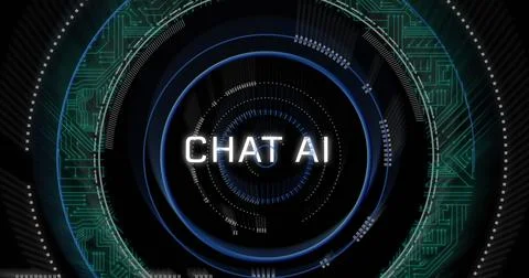 Image of chat ai text over circuit board pattern in loading circles over black Stock Photos