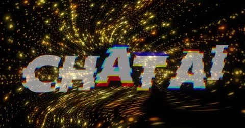 Image of chat ai text over dynamic abstract pattern over black background Stock Photos