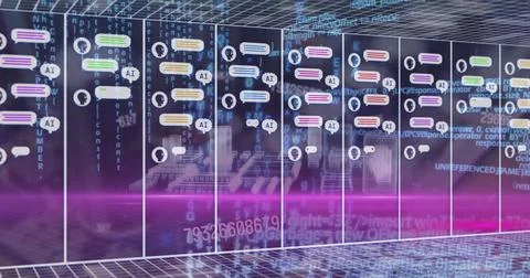 Image of chat boxes with ai texts, computer language and numbers over 3d model 스톡 사진