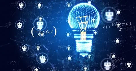 Image of chatbot icons, light bulb and networks over mathematical equations 库存插图