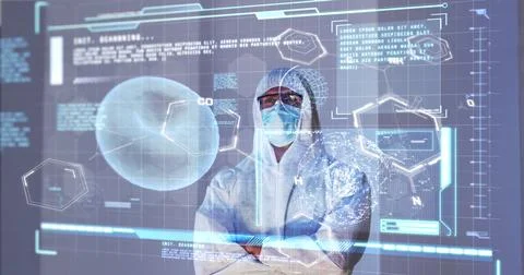 Image of chemical formula and data processing over caucasian doctor in ppe suit Illustrazione stock