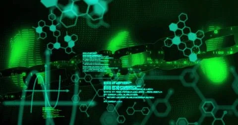 Image of chemical formula and data processing over chain on black background Stock Illustration