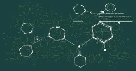 Image of chemical formula and data processing on green background 스톡 일러스트