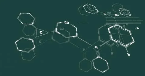 Image of chemical formula and data processing on green background Illustrazione stock