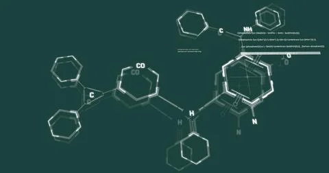 Image of chemical formula and data processing on green background 스톡 일러스트