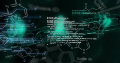 Image of chemical formula and data processing on black background Stock Illustration