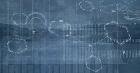 Image of chemical formula and data processing over landscape Stock Illustration
