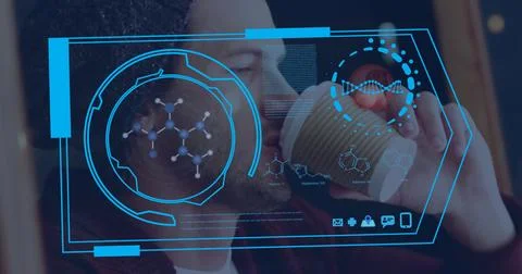 Image of chemical formula and data processing over caucasian man drinking coffee 写真素材