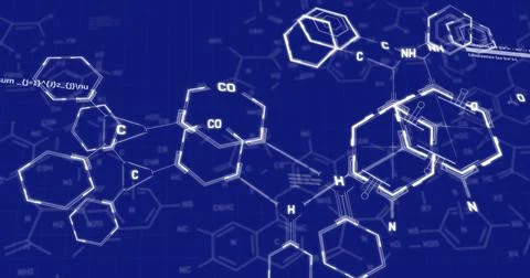 Image of chemical formula with data processing on blue background Illustrazione stock