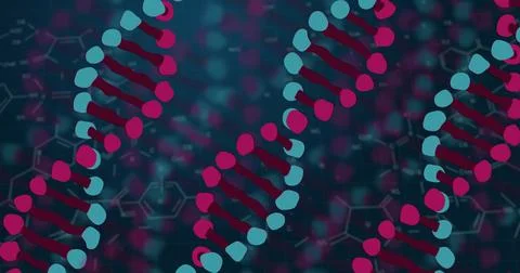 Image of chemical formula over dna strands Stock Illustration