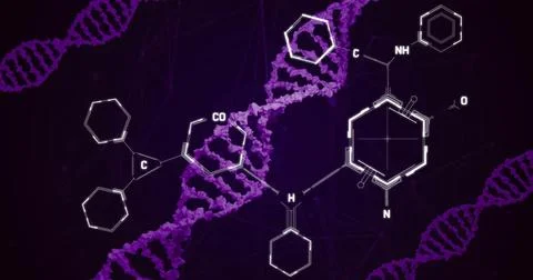 Image of chemical formula over dna strands Stock Illustration