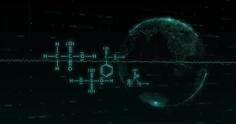 Image of chemical formula over globe on black background Stock Illustration