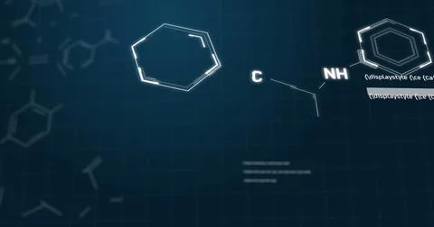 Image of chemical formula structures and data moving on blue background Illustrazione stock
