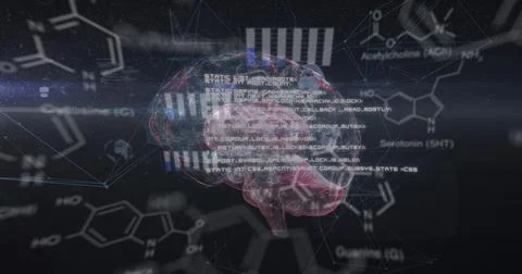 Image of chemical formulas and data processing over rotating brain on black Stock Illustration