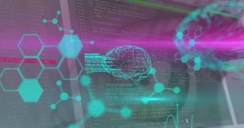 Image of chemical formulas and data processing over brain and woman eye Illustrazione stock