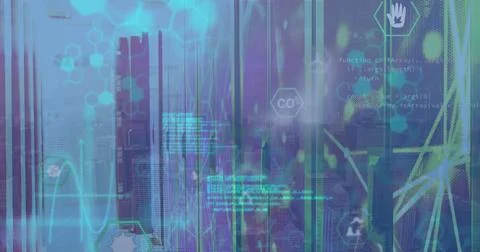 Image of chemical formulas and data over servers Foto stock