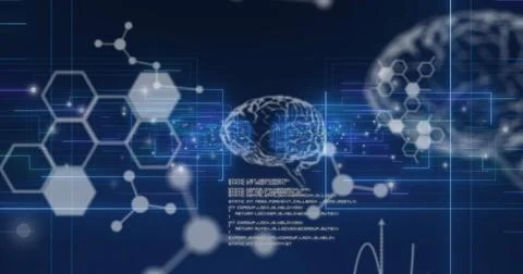 Image of chemical formulas, data processing and brains on navy background Stock Illustration