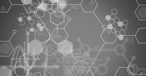 Image of chemical formulas over data processing on grey background Foto stock