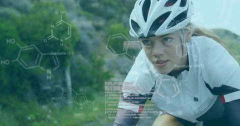 Image of chemical models and data processing over caucasian woman riding bicycle Stock Photos