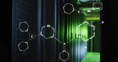 Image of chemical structures against computer server room Stock Photos