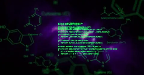 Image of chemical structures and data processing over purple digital waves on Stock Illustration
