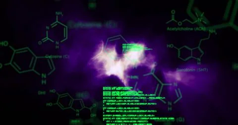 Image of chemical structures and data processing over purple digital waves on Illustrazione stock