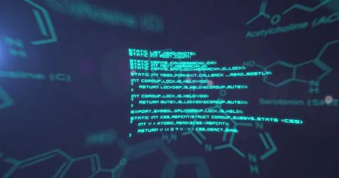 Image of chemical structures and data processing against blue background 스톡 일러스트