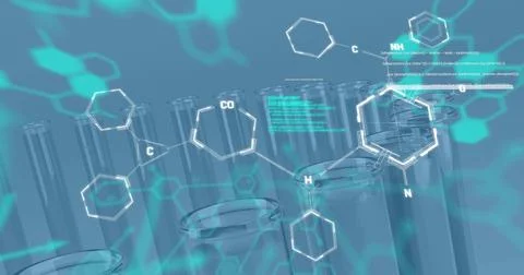 Image of chemical structures and data processing over test tubes against blue Stock Illustration