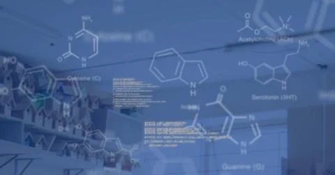 Image of chemical structures and data processing over laboratory Stock Illustration